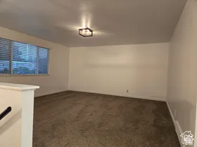 Neutral wall-to-wall carpeting, large window with horizontal blinds, and a geometric flush-mount light fixture