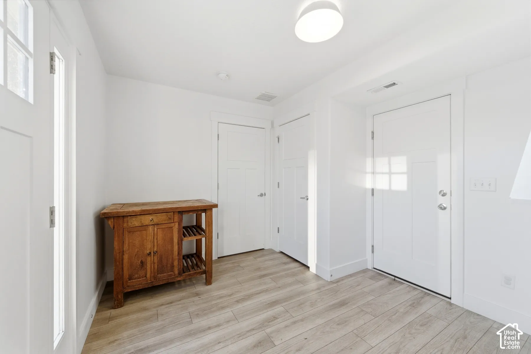 Entryway featuring wood-finish flooring, white panel doors, and a flush-mount ceiling light fixture