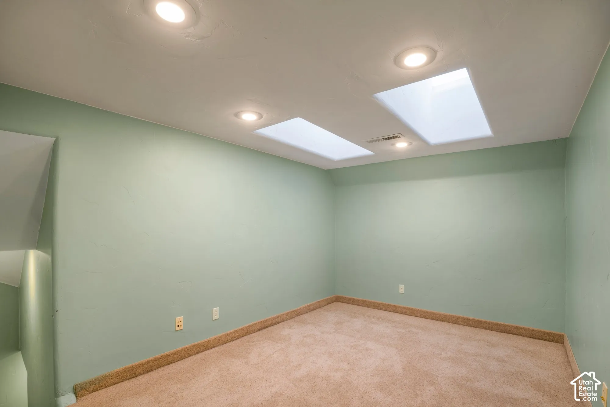 Interior space featuring dual skylights, recessed lighting, and wall-to-wall carpeting
