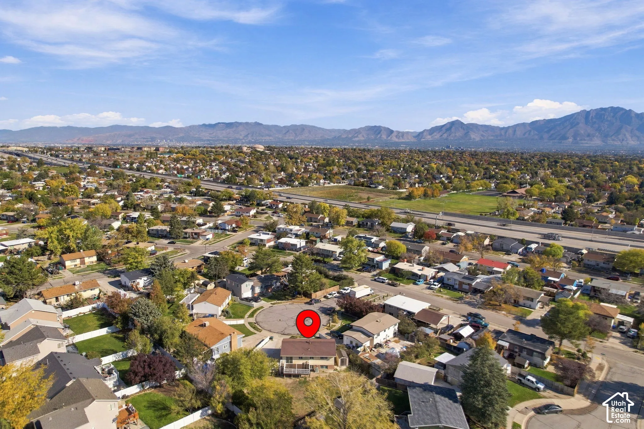 Aerial view with the home marked on its cul-de-sac lot