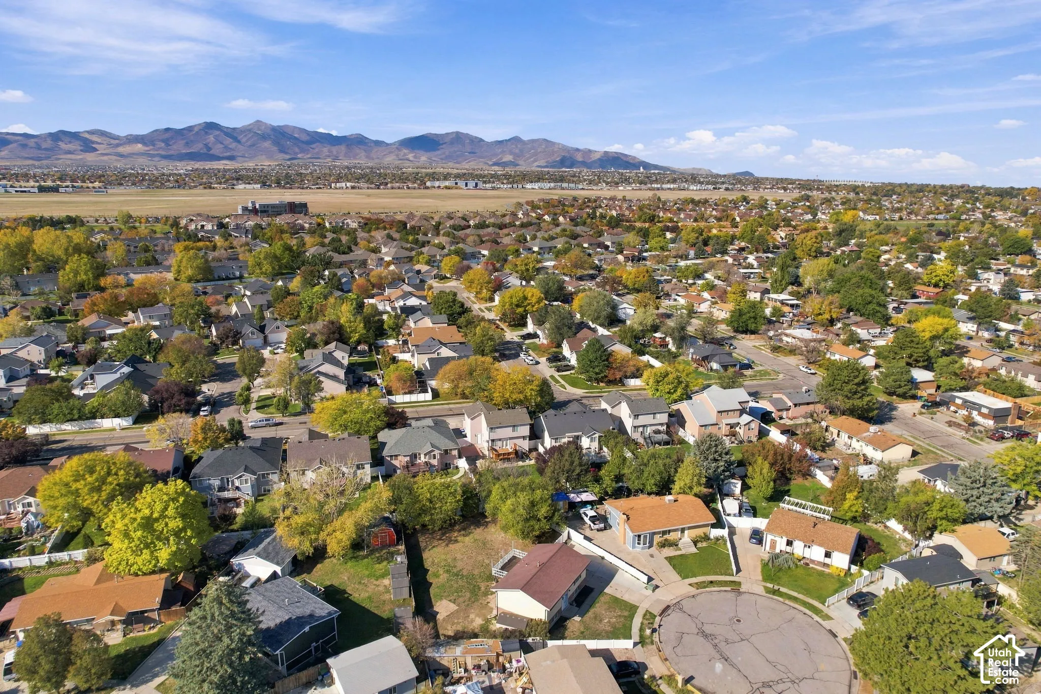 Aerial view of nearby cul-de-sacs and mature trees with mountains beyond