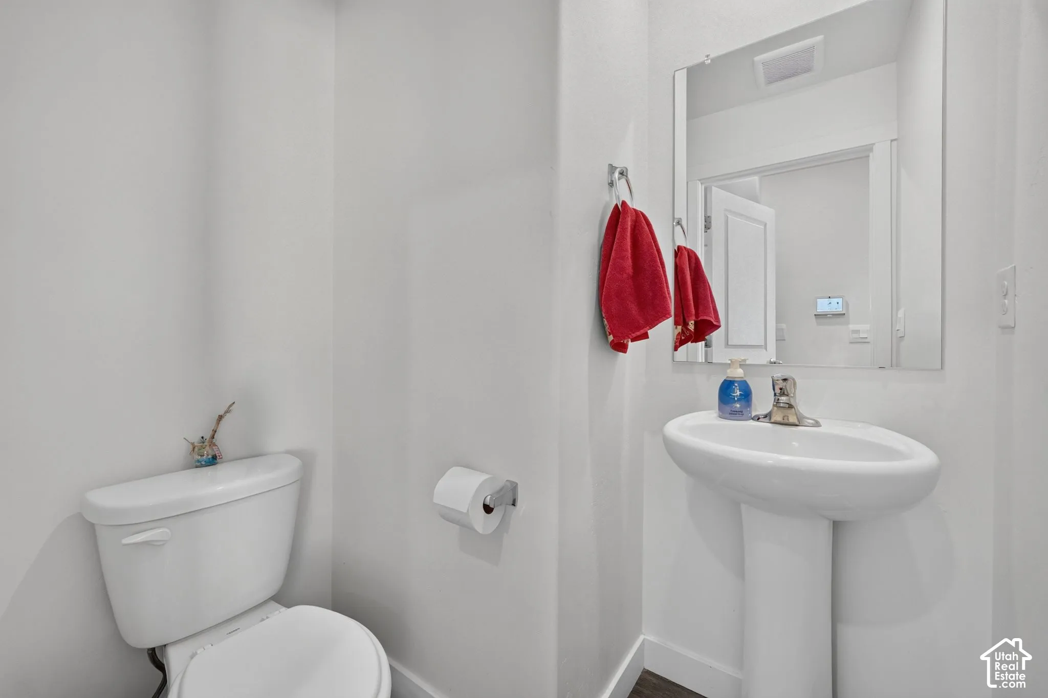 Pedestal sink featuring a polished chrome faucet, wall-mounted mirror, and wood-finish flooring
