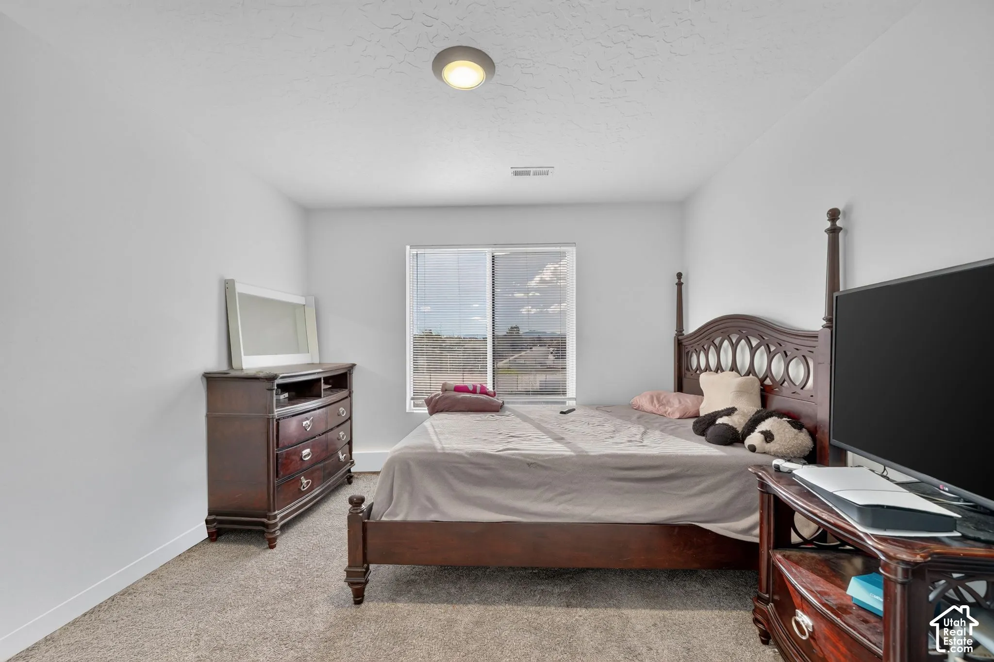 Neutral-toned wall paint, neutral carpeting, sliding window with integrated blinds, and flush-mount ceiling lighting