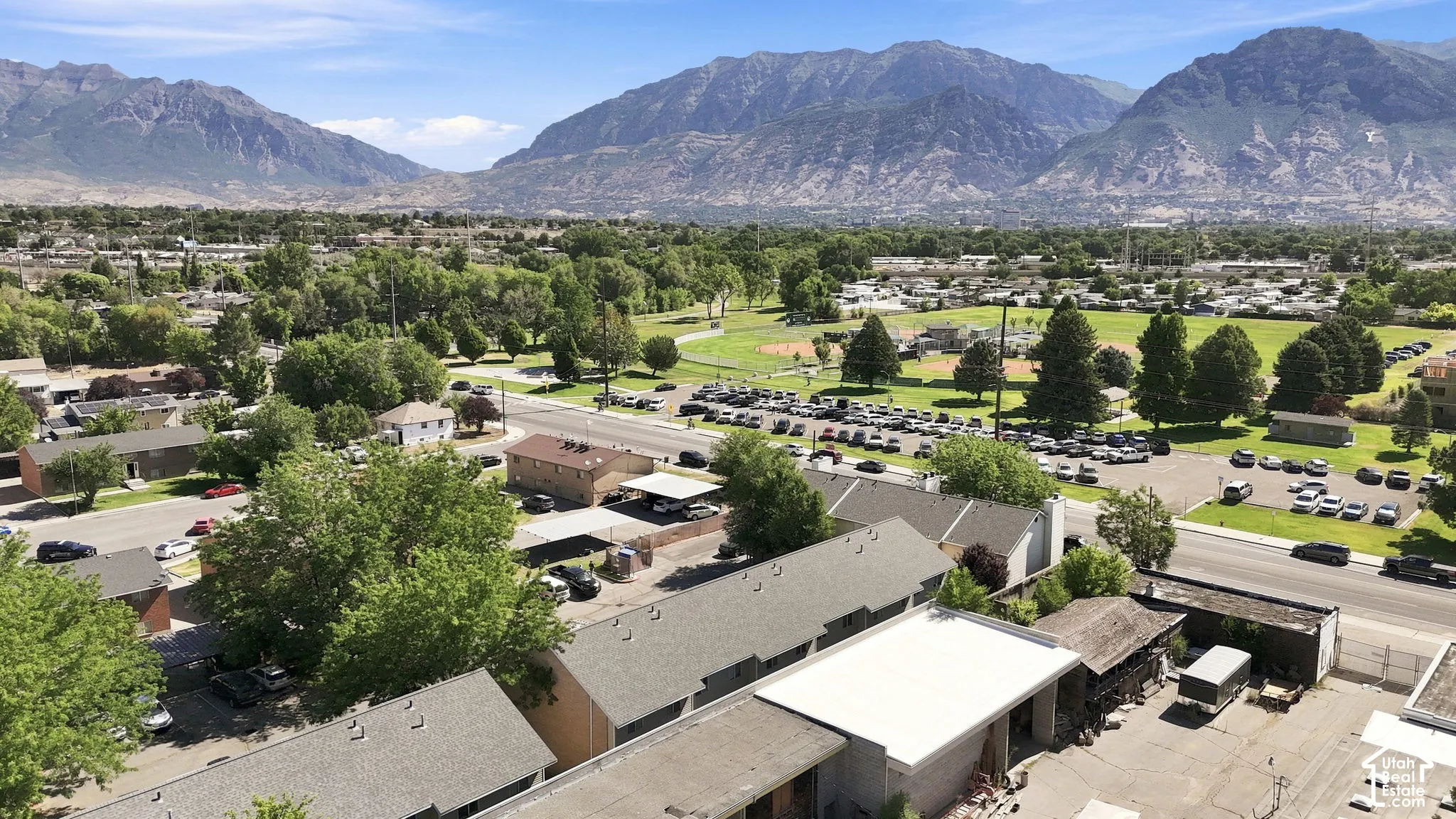 Aerial perspective featuring mountain range backdrop and mature trees