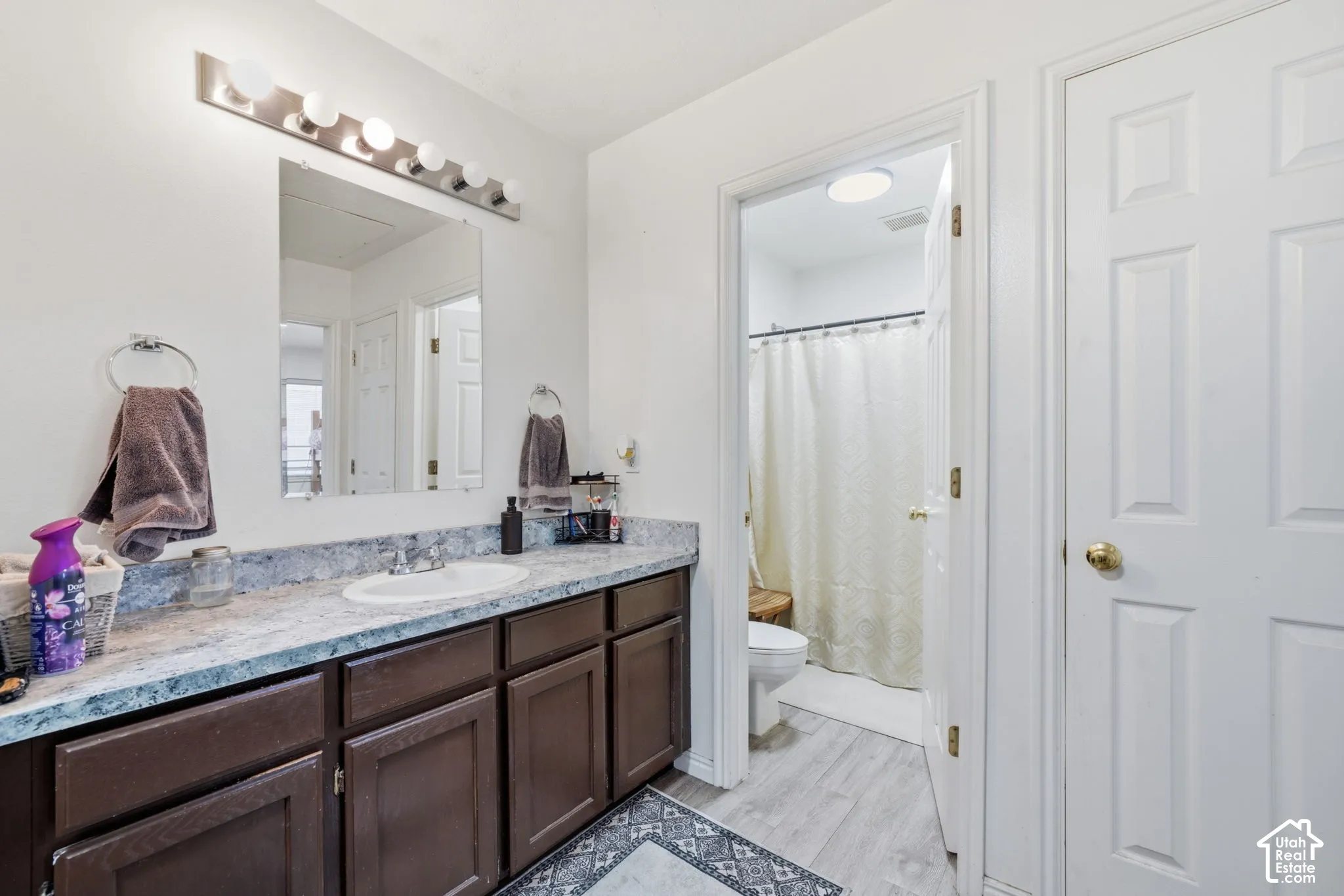Bathroom featuring a dark wood-finish vanity, stone-patterned countertop with an integrated oval sink, horizontal multi-bulb vanity light, and light-tone wood-finish flooring
