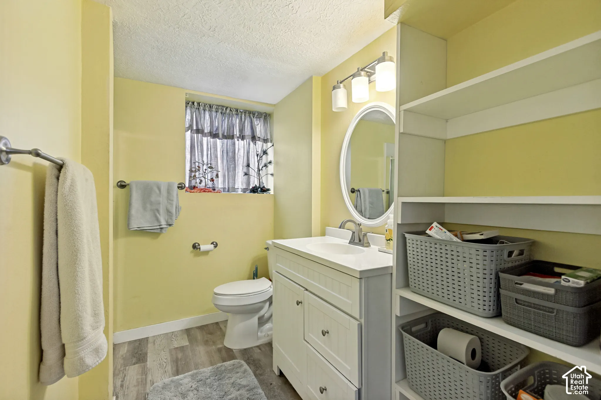Bathroom featuring white vanity cabinetry with integrated sink, oval wall mirror, brushed-nickel light fixture, and wood-finish plank flooring