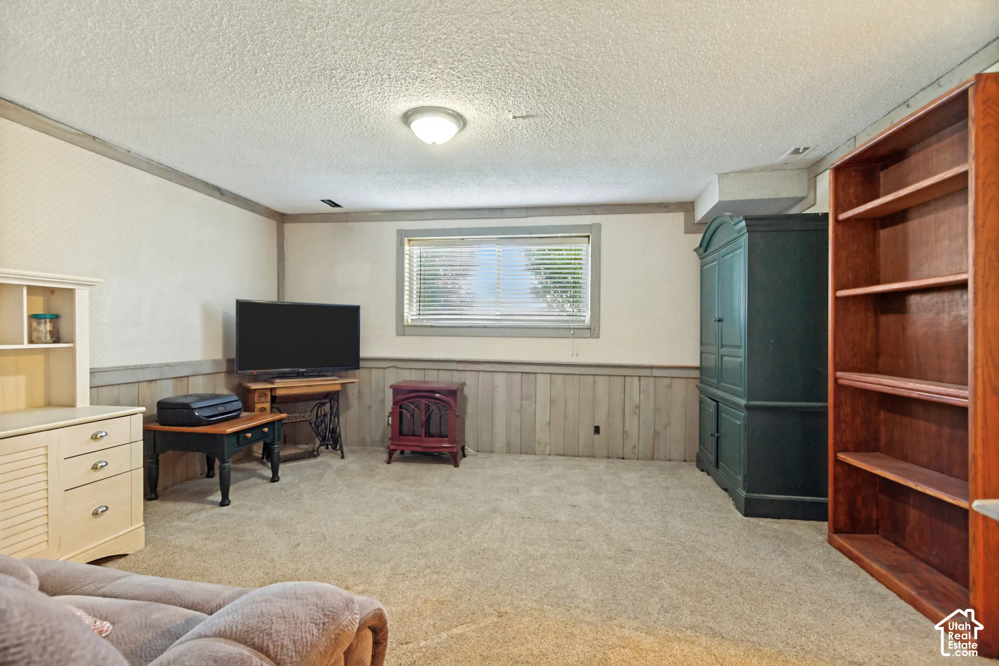 Interior room featuring wall-to-wall carpeting, horizontal wood-panel wainscoting, a flush-mount ceiling light fixture, a recessed window with horizontal blinds, and a free-standing fireplace unit