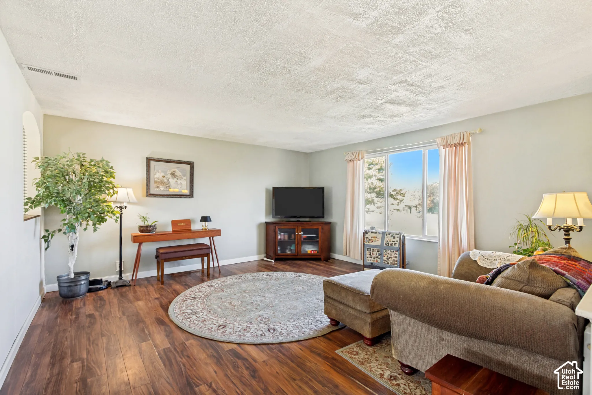 Living area featuring wood-finish flooring, a large picture window, and an arched wall opening