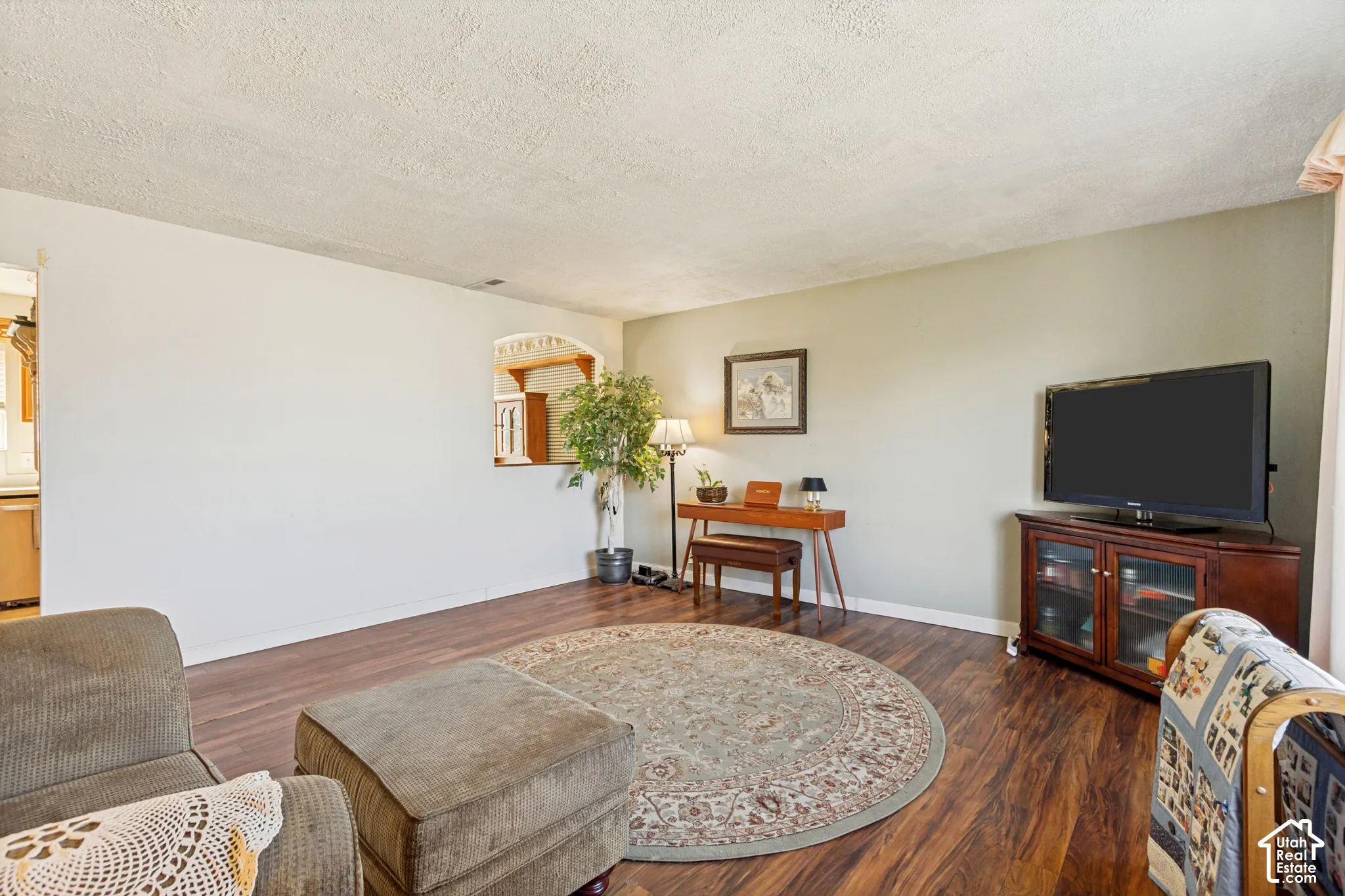 Living area featuring wood-finish flooring and an arched pass-through opening