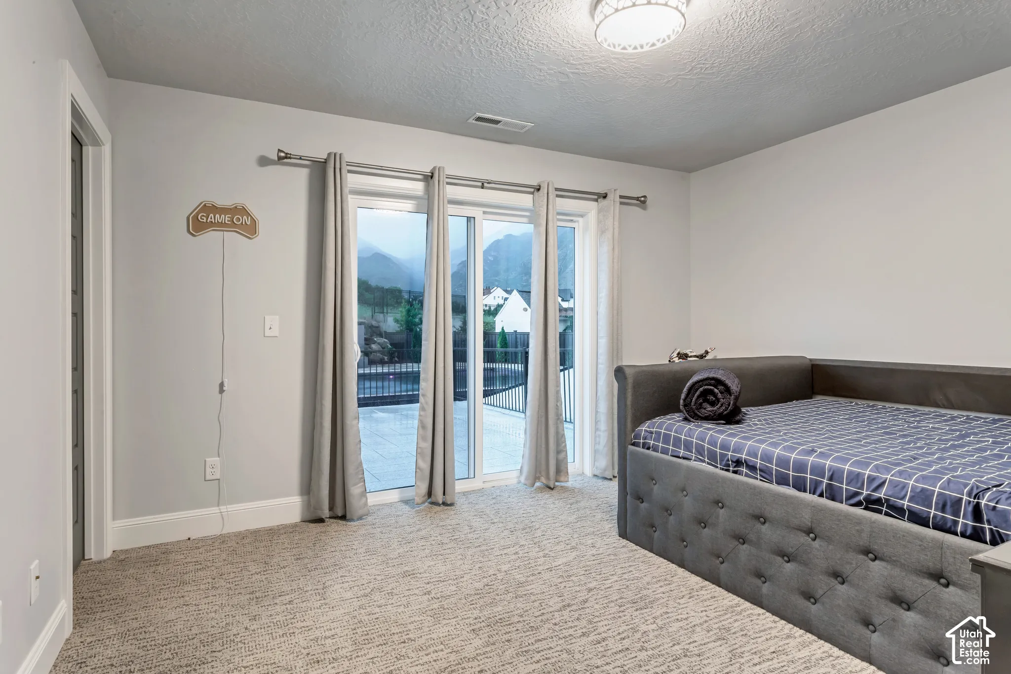 Sliding glass doors, neutral carpeting, flush-mount ceiling lighting, and mountain scenery