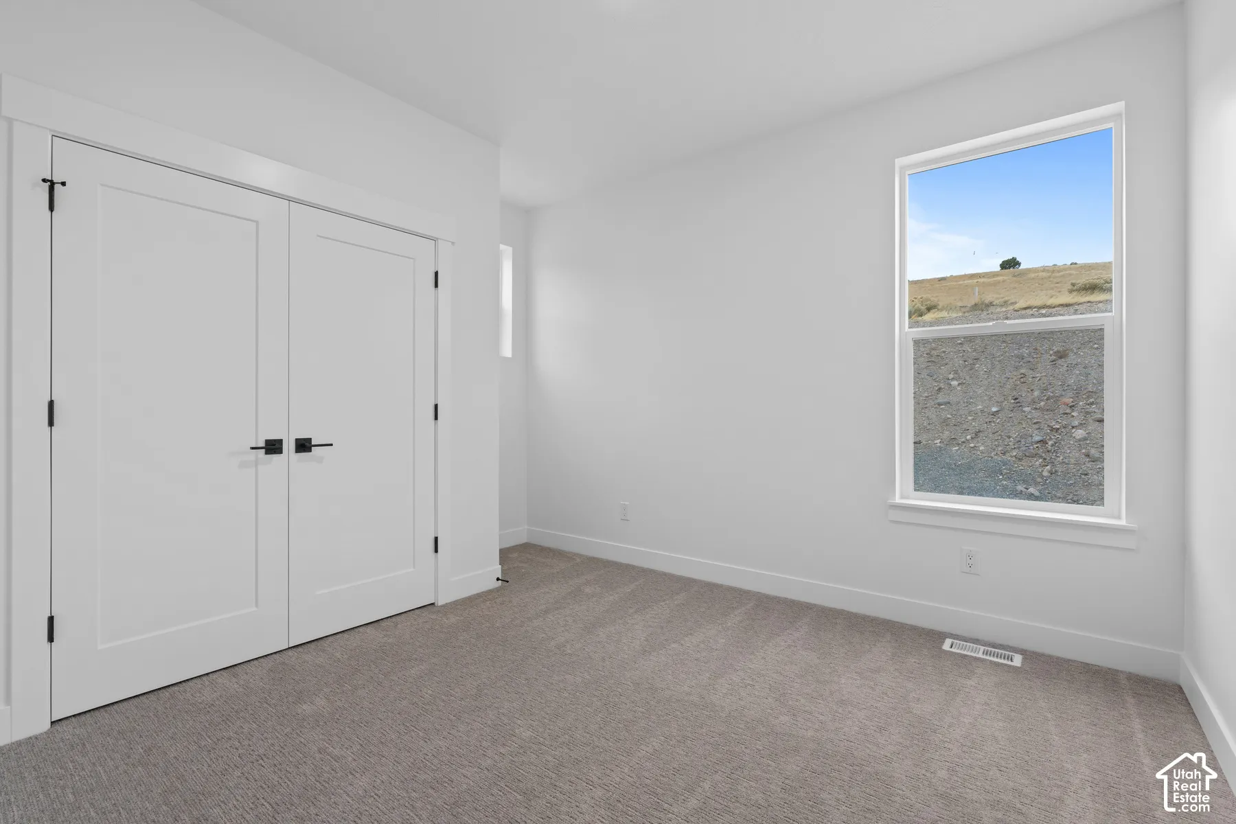 Neutral-toned carpeted flooring, double-panel doors with matte black hardware, and a single-pane window
