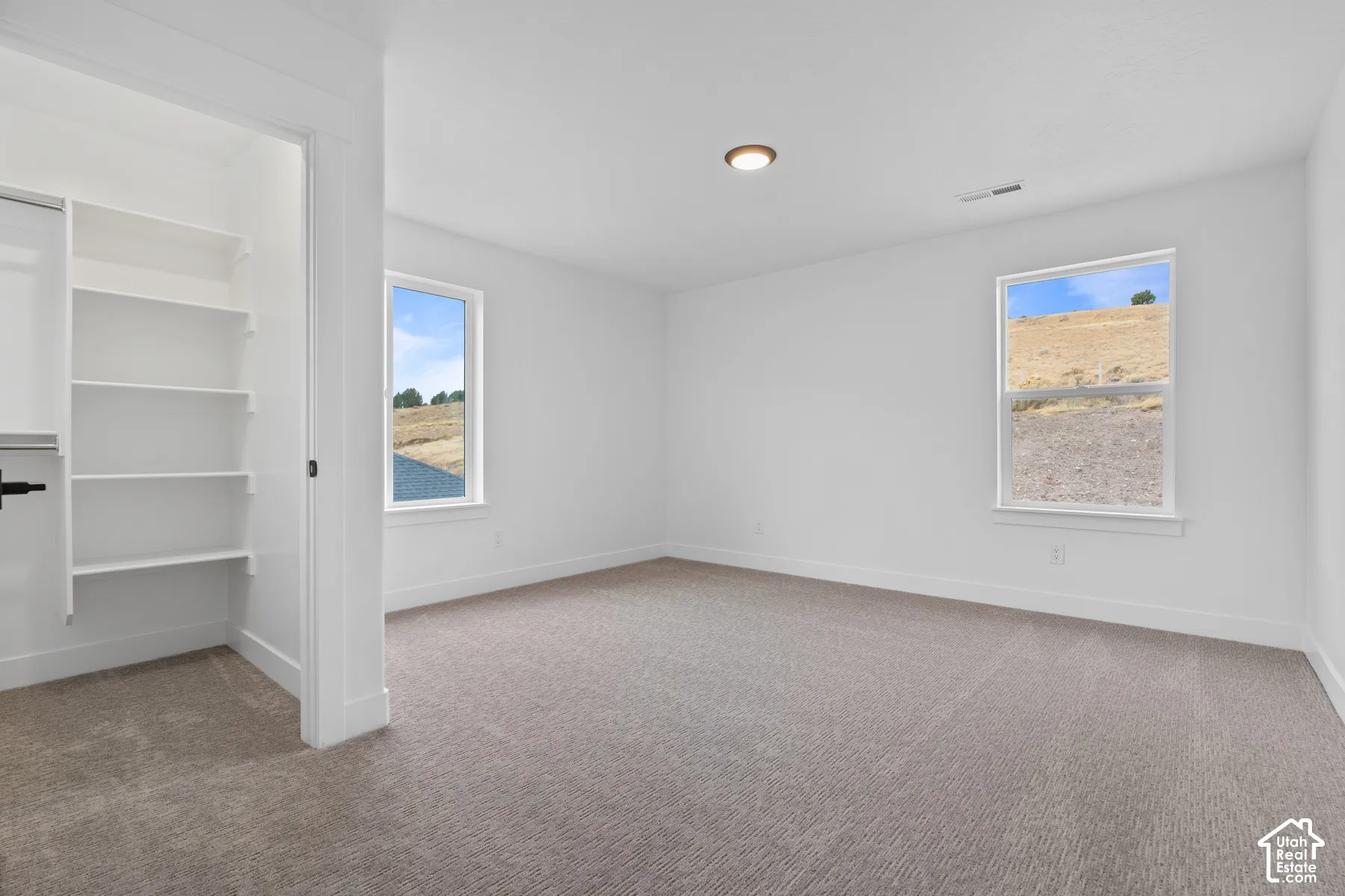 Neutral interior featuring wall-to-wall carpeting, dual-pane windows, and a walk-in closet with built-in shelving