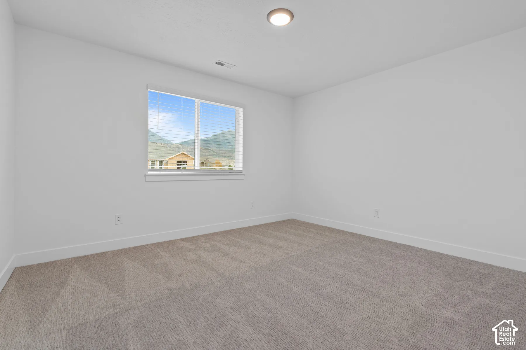Neutral-toned carpeted flooring, white wall finishes, flush-mount ceiling light fixture, and a window featuring a mountain backdrop
