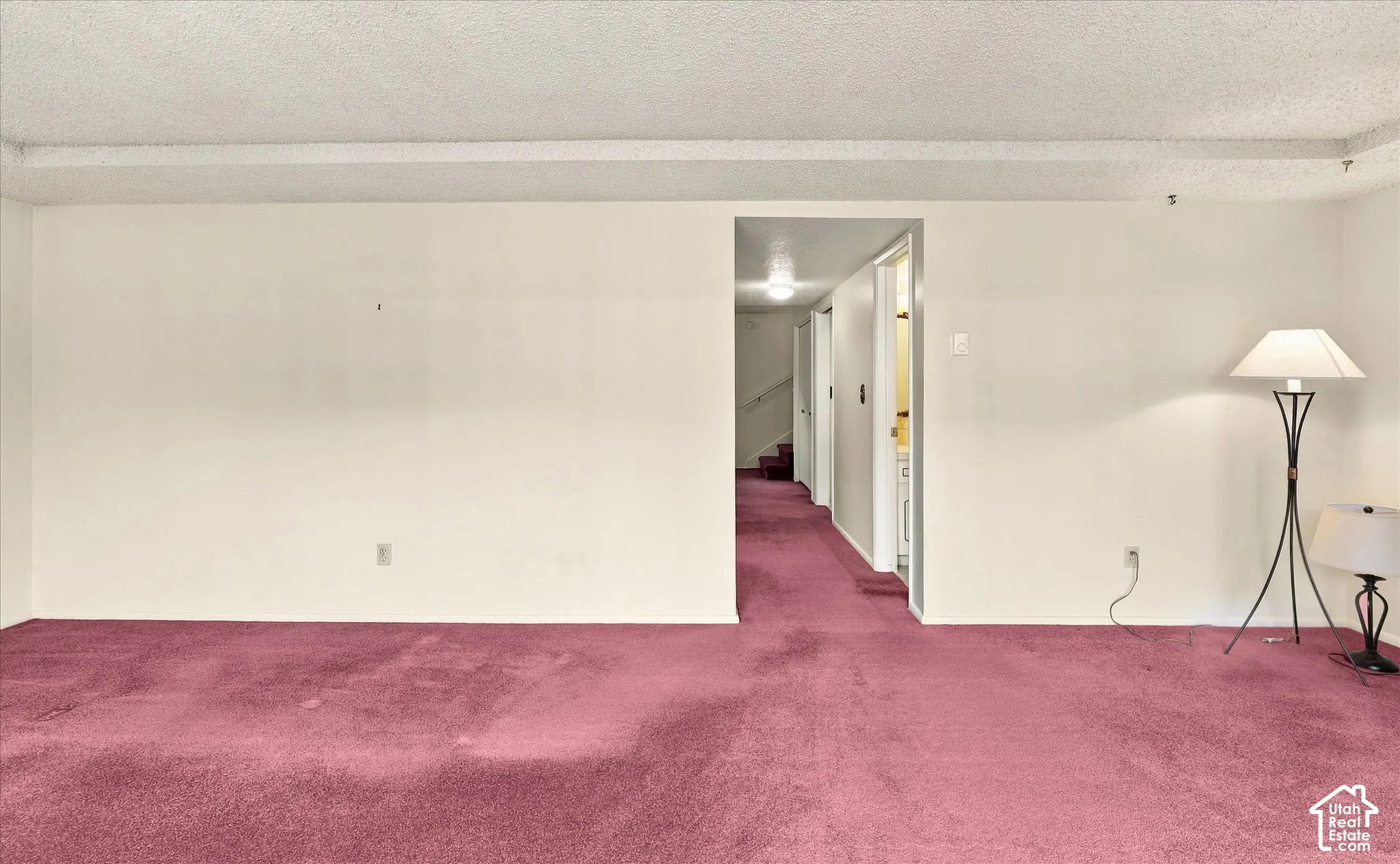 Interior space featuring textured ceiling, wall-to-wall carpeting, and a recessed doorway
