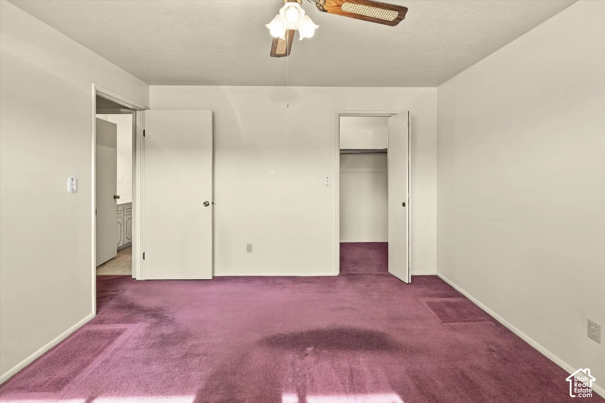 Room featuring wall-to-wall carpeting, a ceiling fan with light fixture, and two interior doors