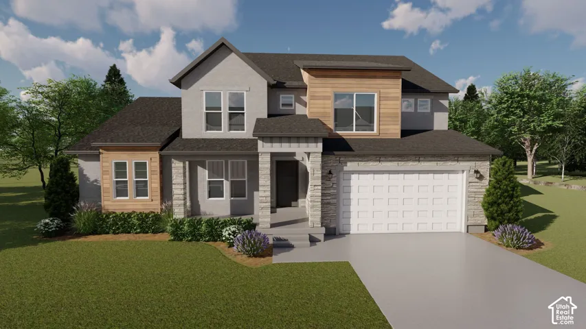 Multi-level exterior featuring a stone facade, wood-finish paneling, asphalt shingle roofing, and an attached two-car garage