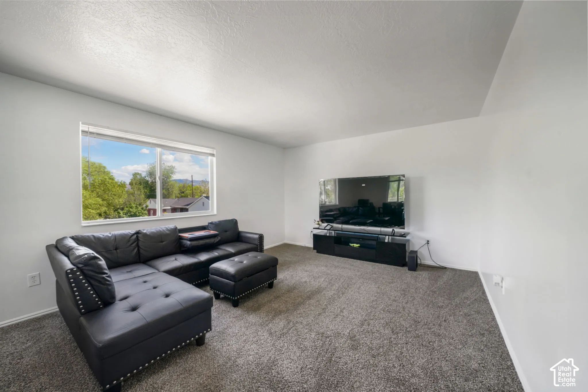 Neutral-toned interior space featuring neutral wall paint, wall-to-wall carpeting, and a large single-pane window