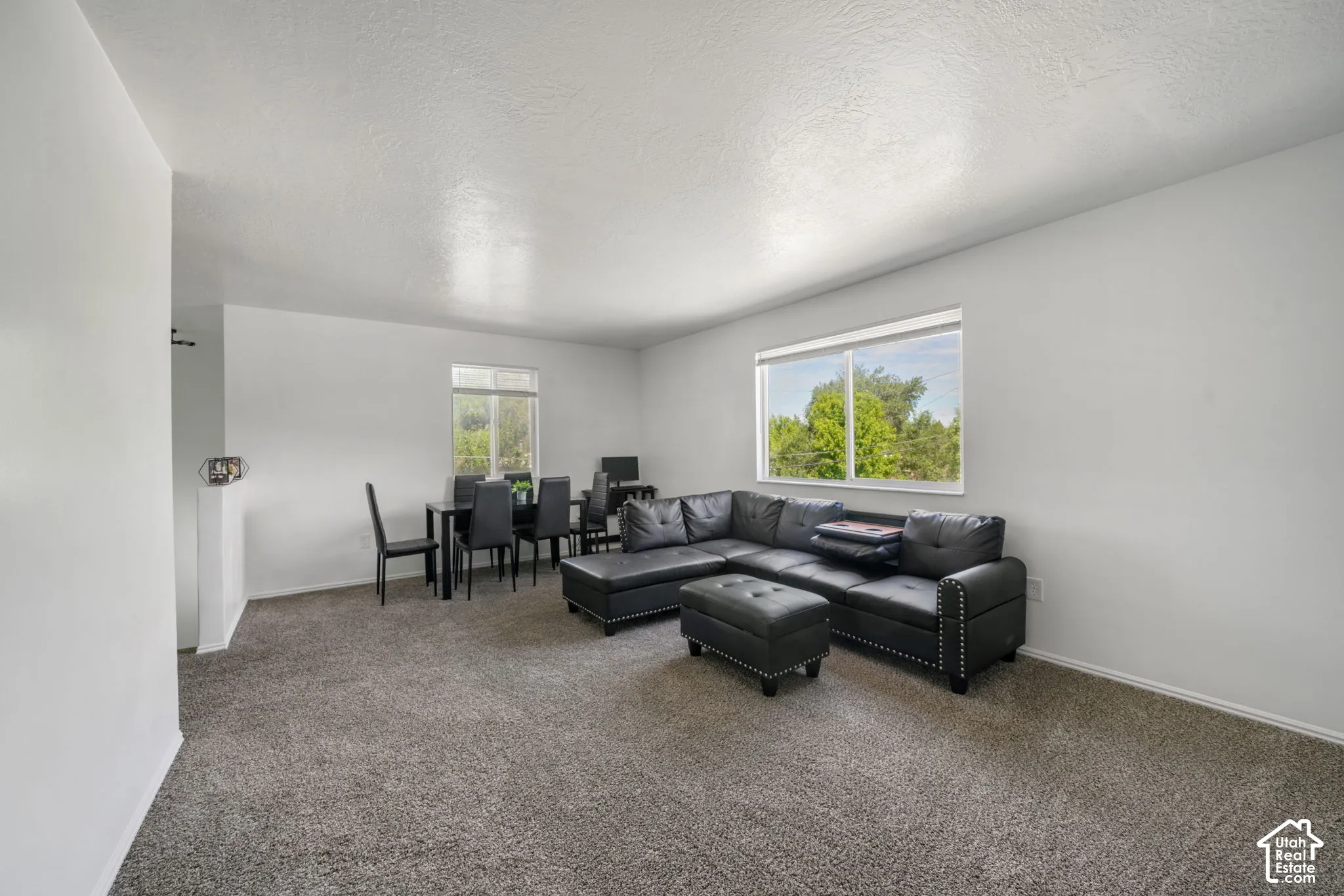 Open-concept interior featuring neutral wall tones, wall-to-wall carpeting, and large windows providing natural light