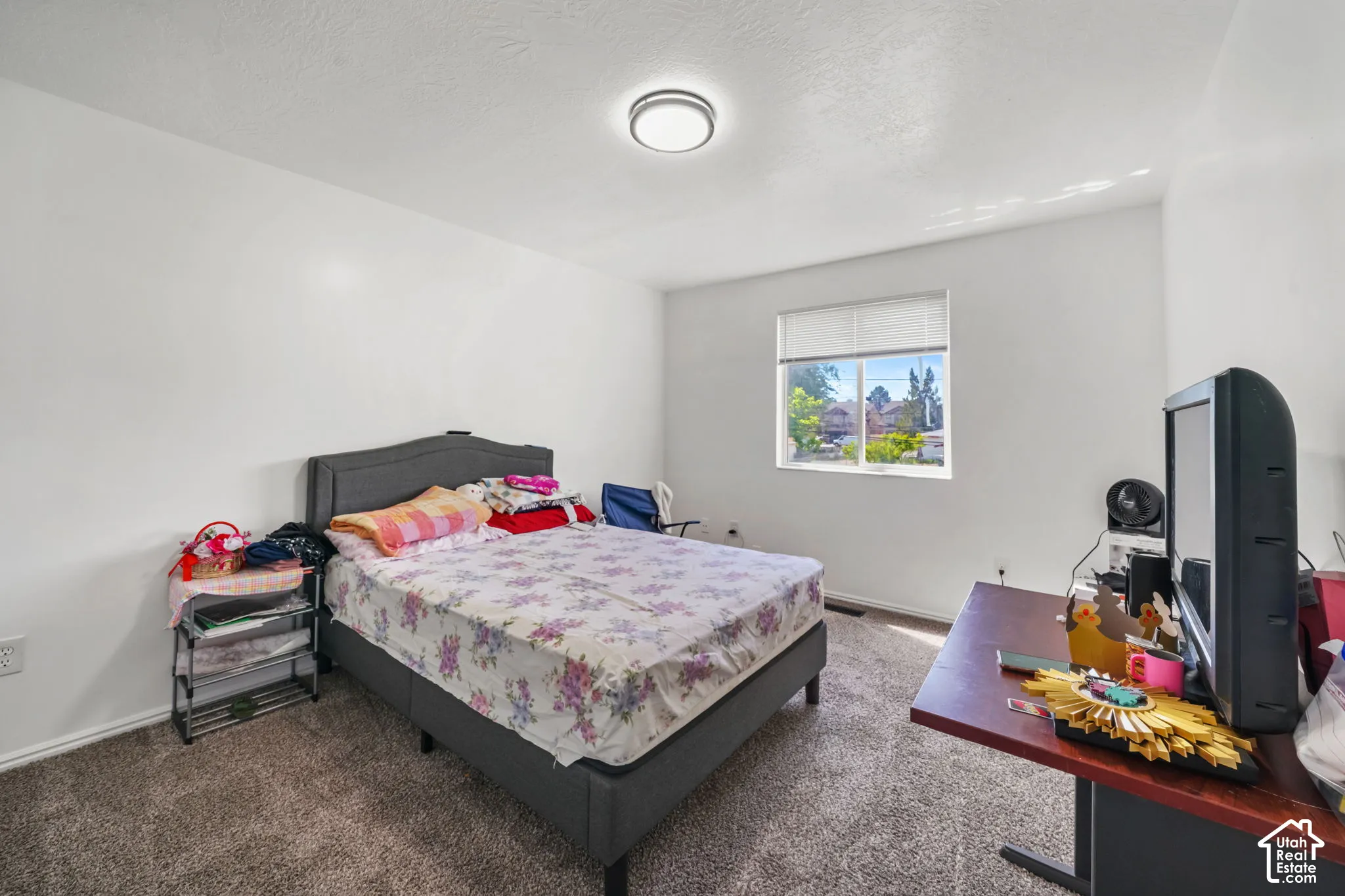Neutral-toned wall-to-wall carpeting, window with blinds, and flush-mount ceiling lighting