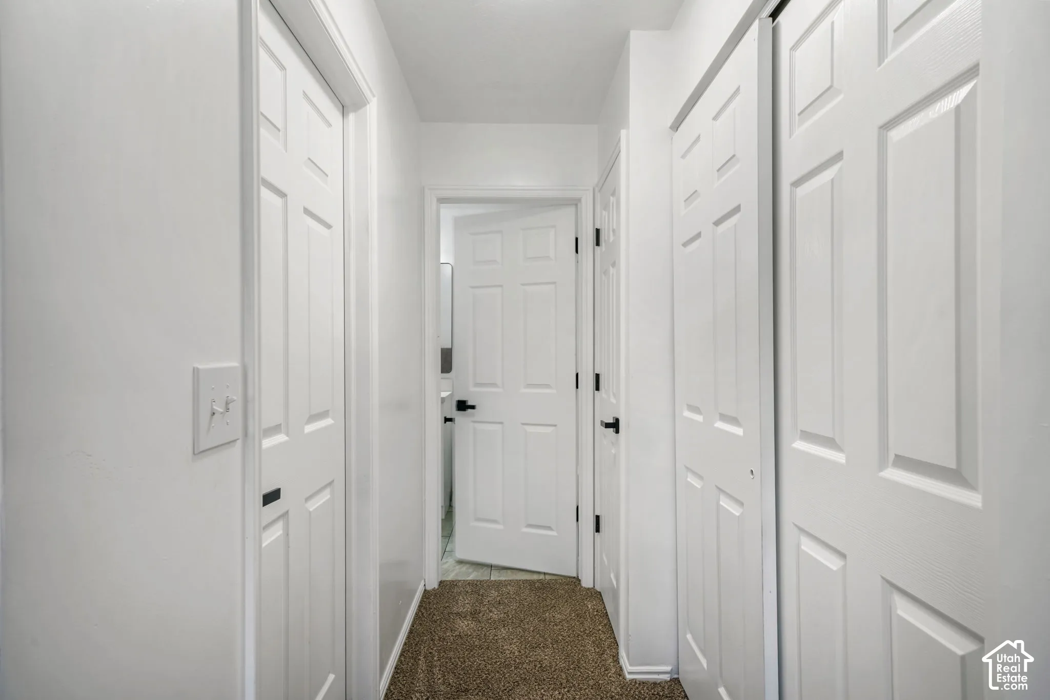 Hallway featuring six-panel interior doors, matte black hardware, and carpeted flooring