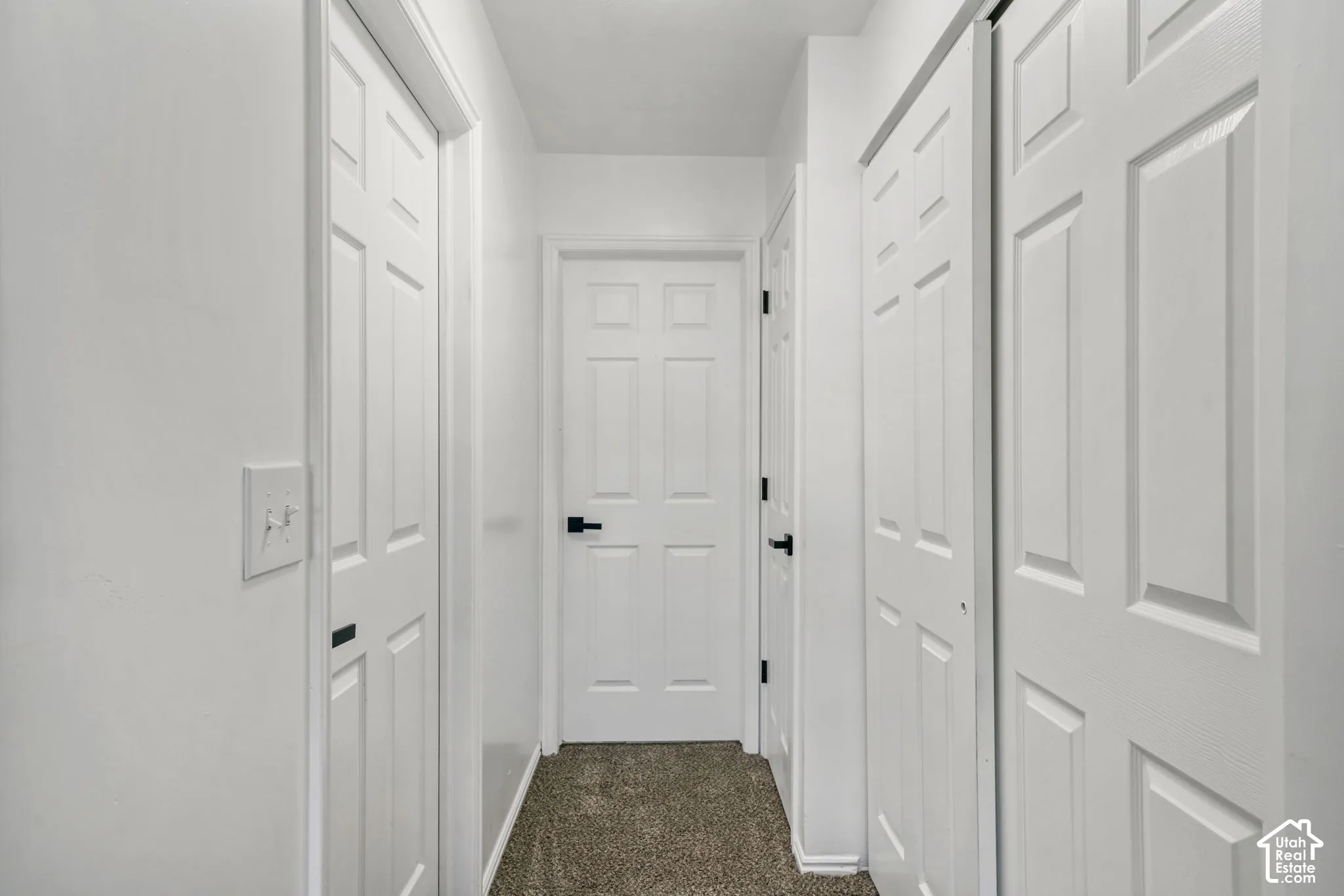 Hallway featuring neutral-toned carpeting, white six-panel interior doors, and matte black hardware
