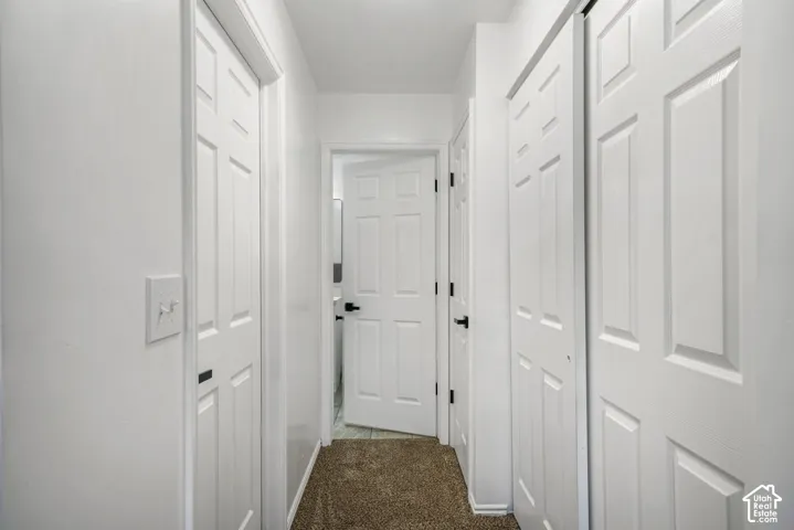 Hallway featuring six-panel interior doors, matte black hardware, and carpeted flooring