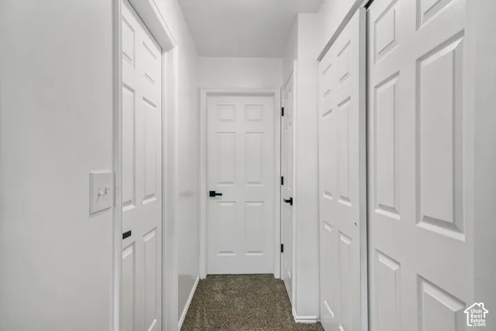 Hallway featuring neutral-toned carpeting, white six-panel interior doors, and matte black hardware