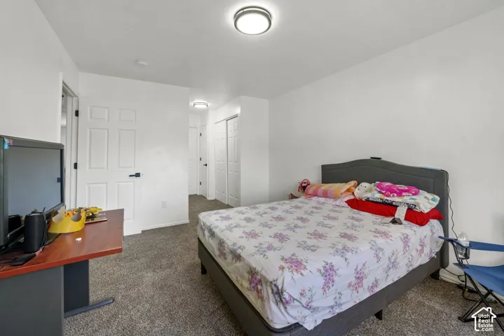 Neutral interior space featuring carpeted flooring, two white six-panel doors, dual-closet doors, and ceiling-mounted light fixtures