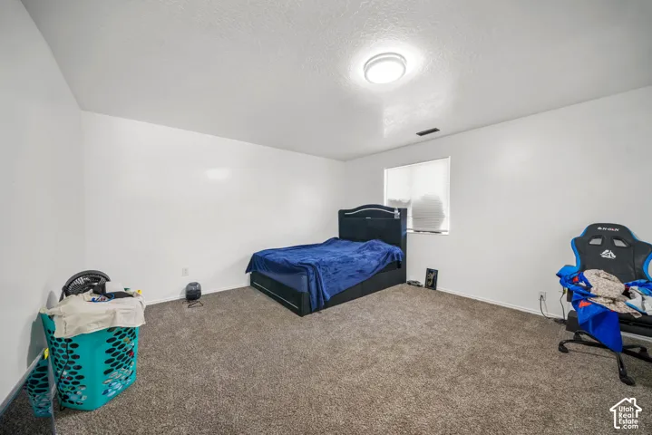 Spacious room featuring neutral wall paint, textured ceiling, wall-to-wall carpeting, and a flush-mount ceiling light fixture