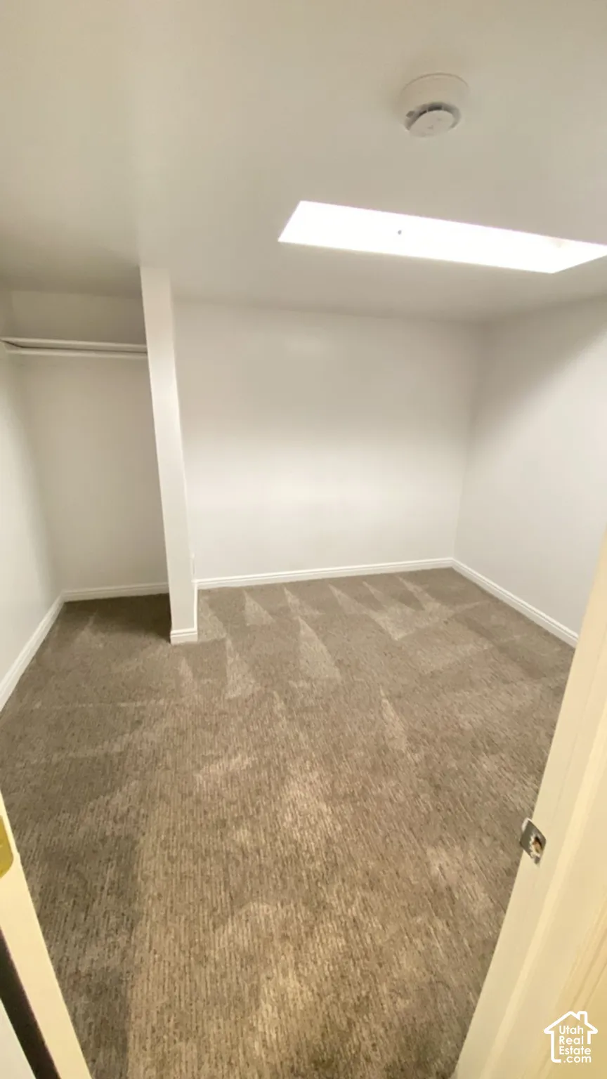 Interior space featuring neutral-toned carpeting, a recessed ceiling light fixture, and a built-in closet with integrated shelving