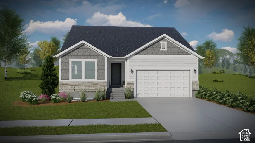 Single-story exterior featuring a mix of horizontal lap siding and shake shingle detailing, stone masonry veneer, asphalt shingle roofing, and an attached two-car garage
