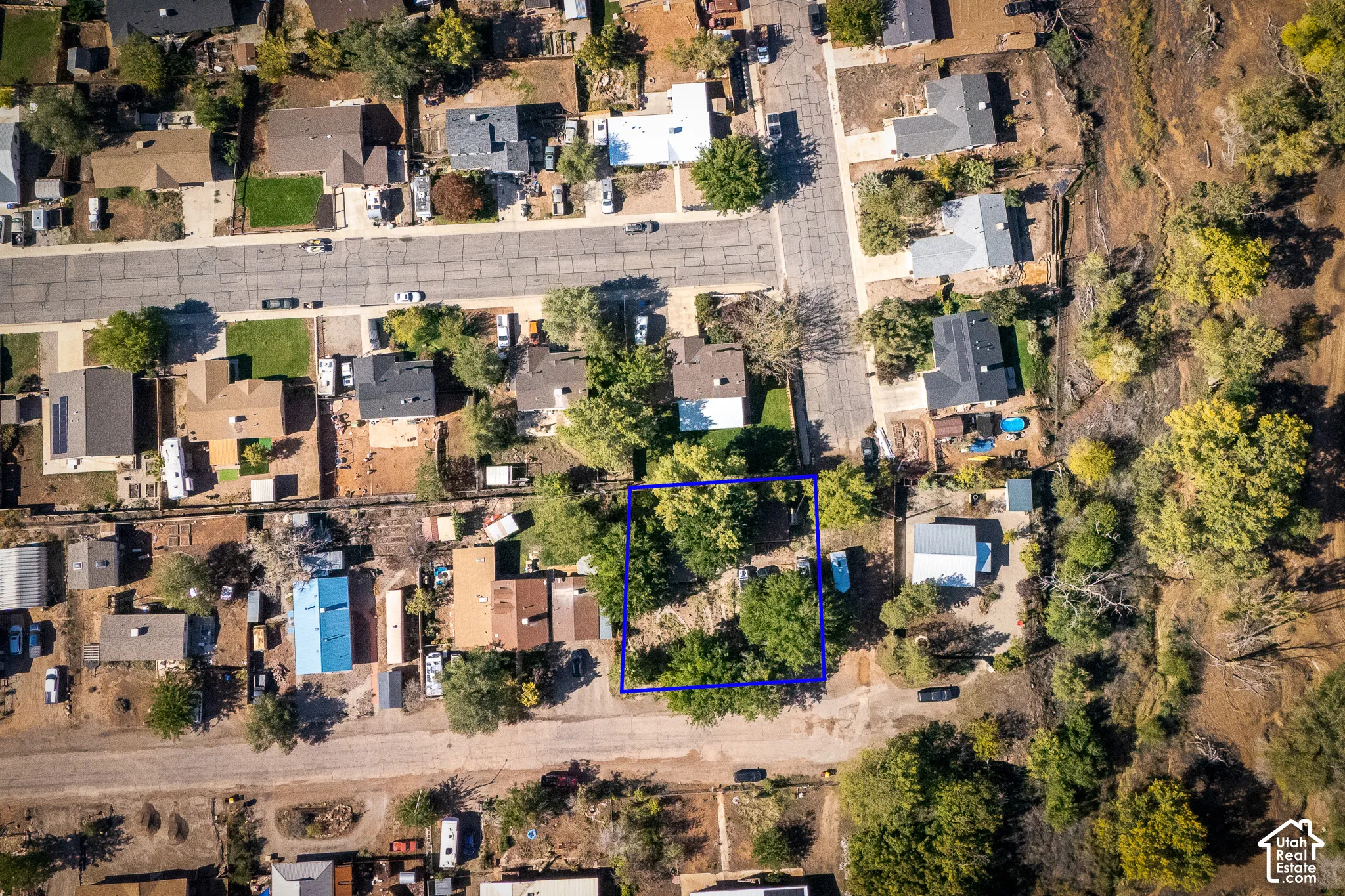 Aerial perspective of a residential lot featuring mature trees and established vegetation within a suburban setting