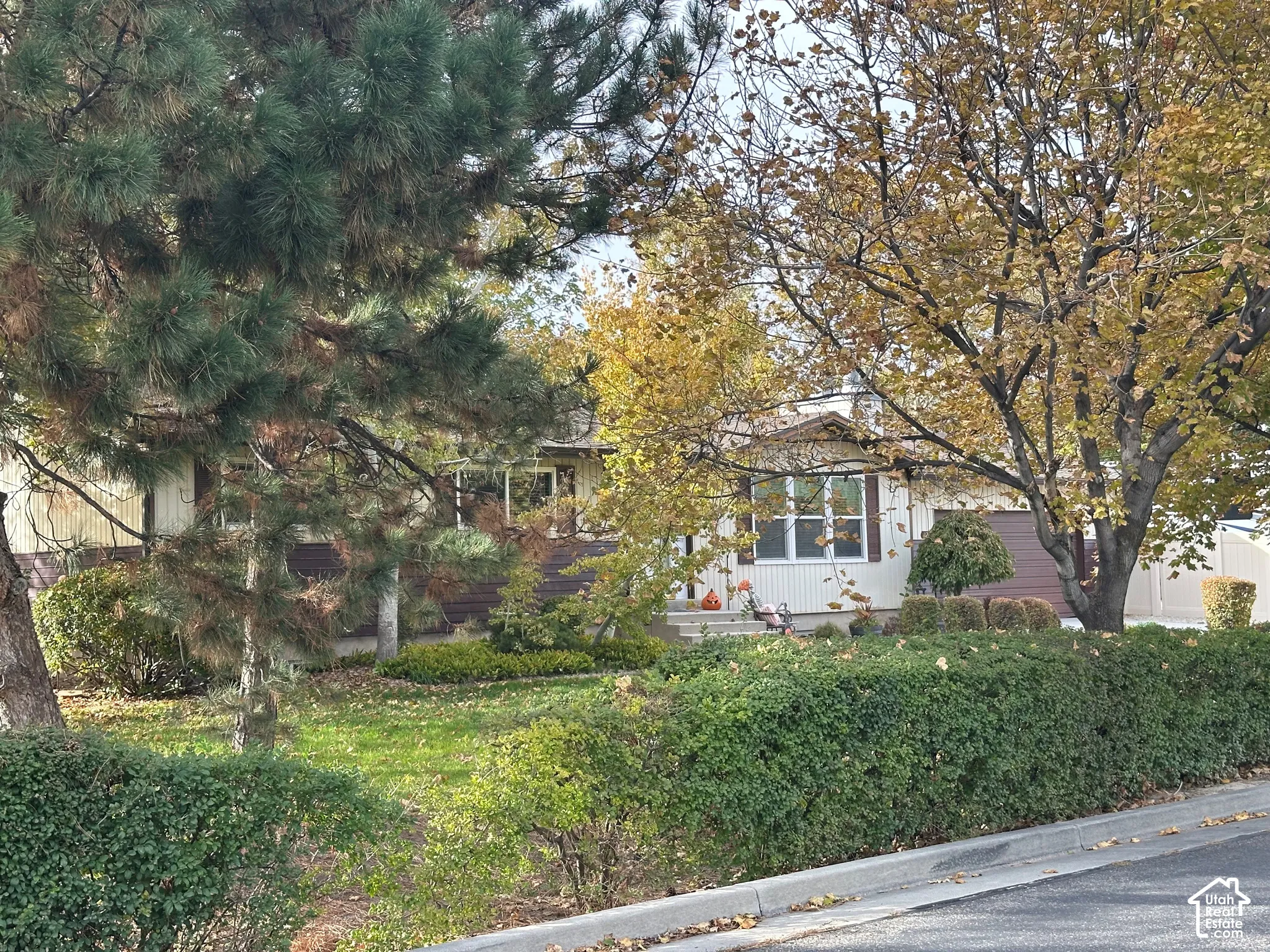 Single-story residence featuring light-toned exterior siding, multi-pane windows, dark brown shutters, and an attached garage
