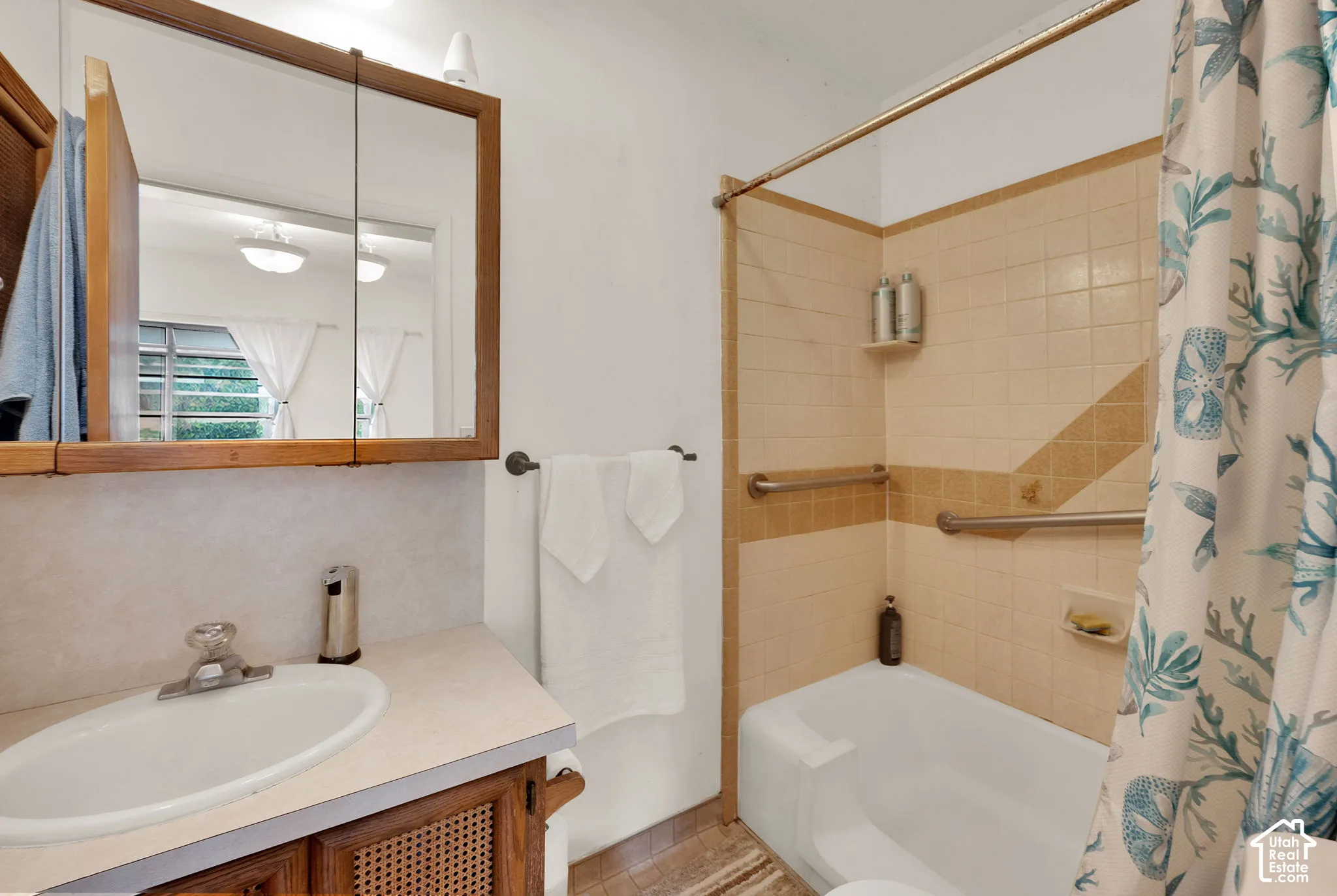 Bathroom featuring a vanity with cane-detail cabinet doors, a drop-in sink, and a dual-mirror medicine cabinet