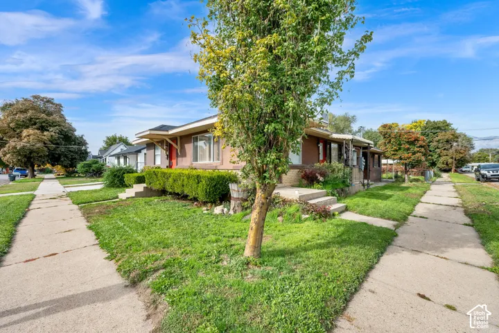 Single-story exterior featuring a brick and stucco facade, concrete porch steps, and mature landscaping