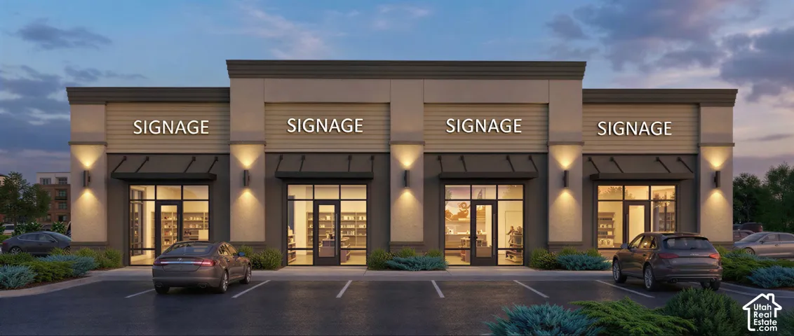 Multi-tenant commercial building featuring a stucco and horizontal siding facade, expansive glass storefronts, dedicated entry doors, and integrated wall-mounted exterior lighting