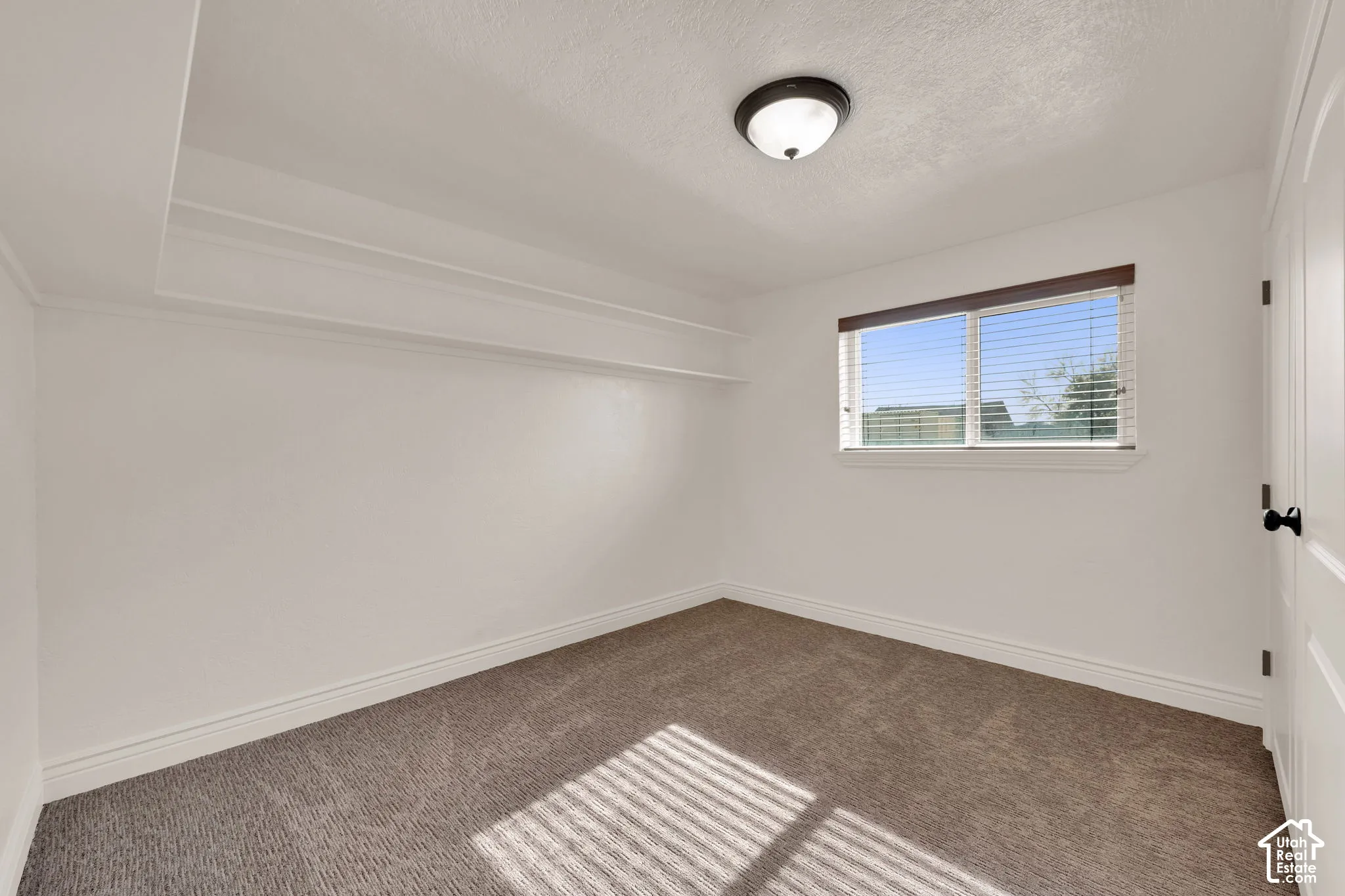 Neutral-toned carpeting, recessed shelving, and a single-pane window with horizontal blinds