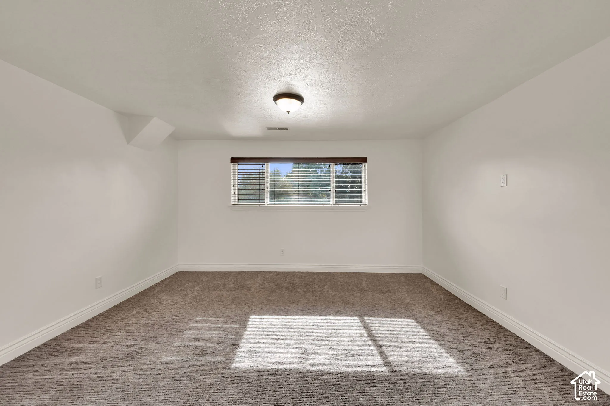 Neutral-toned carpeting, crisp white walls, and a recessed ceiling light fixture