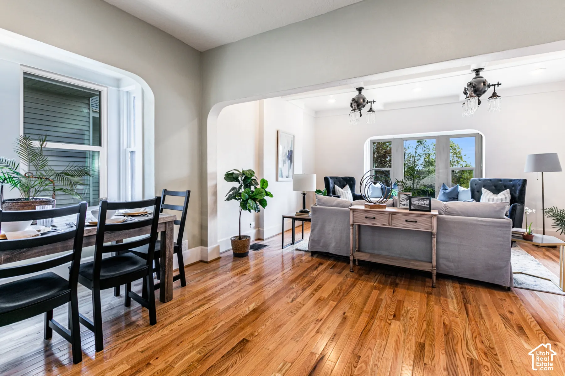 Open-concept interior featuring wood-finish flooring, architectural arched openings, and multi-pane windows with integrated casings