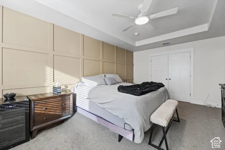 Paneled accent wall, tray ceiling, and white double-door closet with multi-panel detail