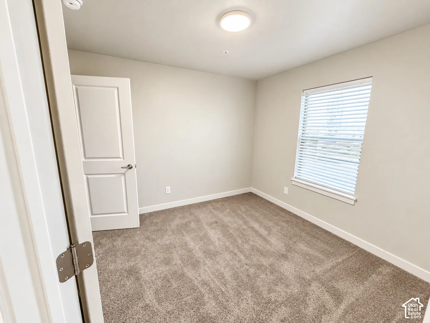 Neutral-toned interior space featuring wall-to-wall carpeting, a single-panel interior door, a flush-mount ceiling light fixture, and a window with horizontal blinds