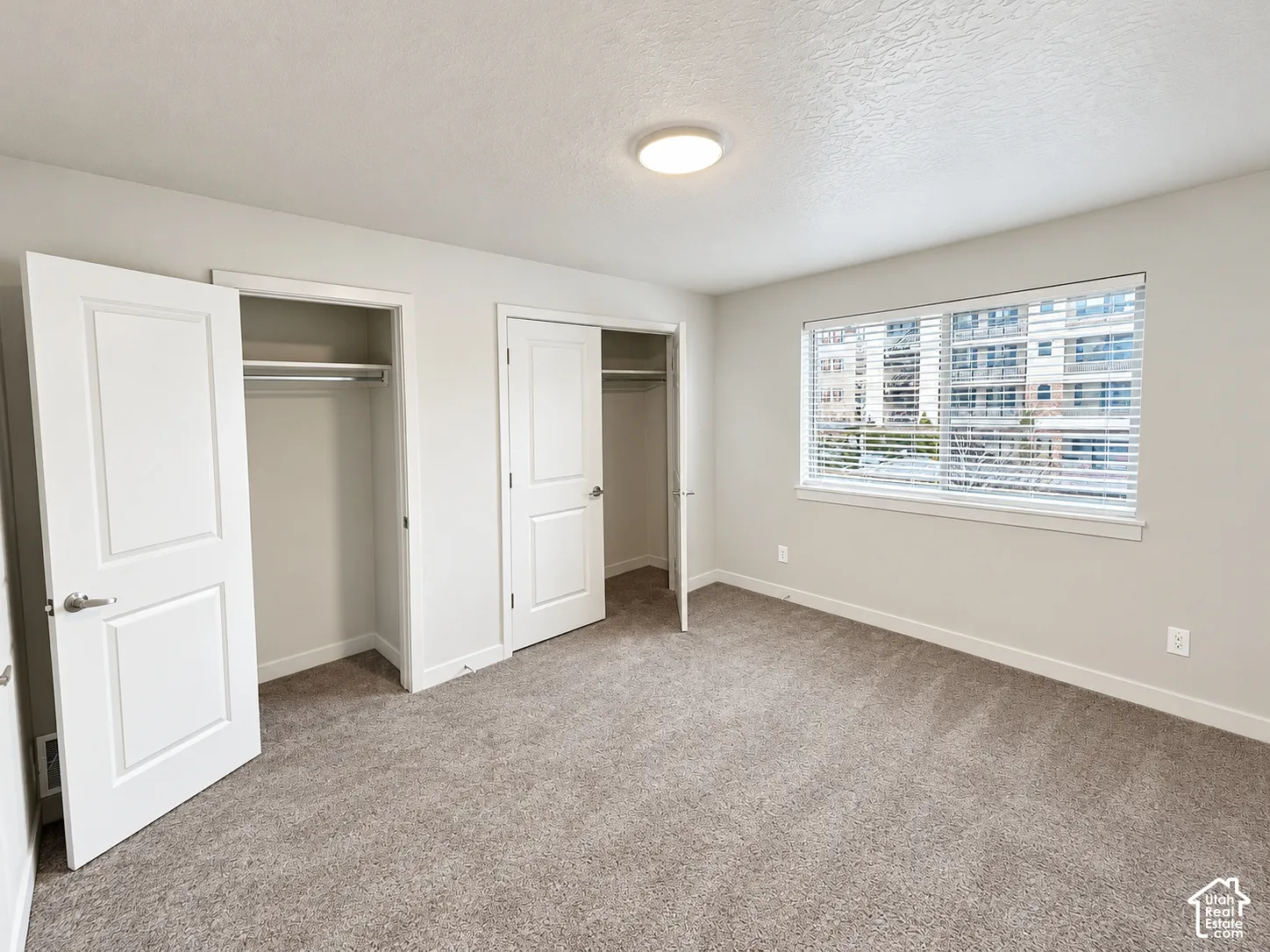 Neutral-toned interior featuring dual reach-in closets, carpeted flooring, a flush-mount ceiling light fixture, and a large window with horizontal blinds