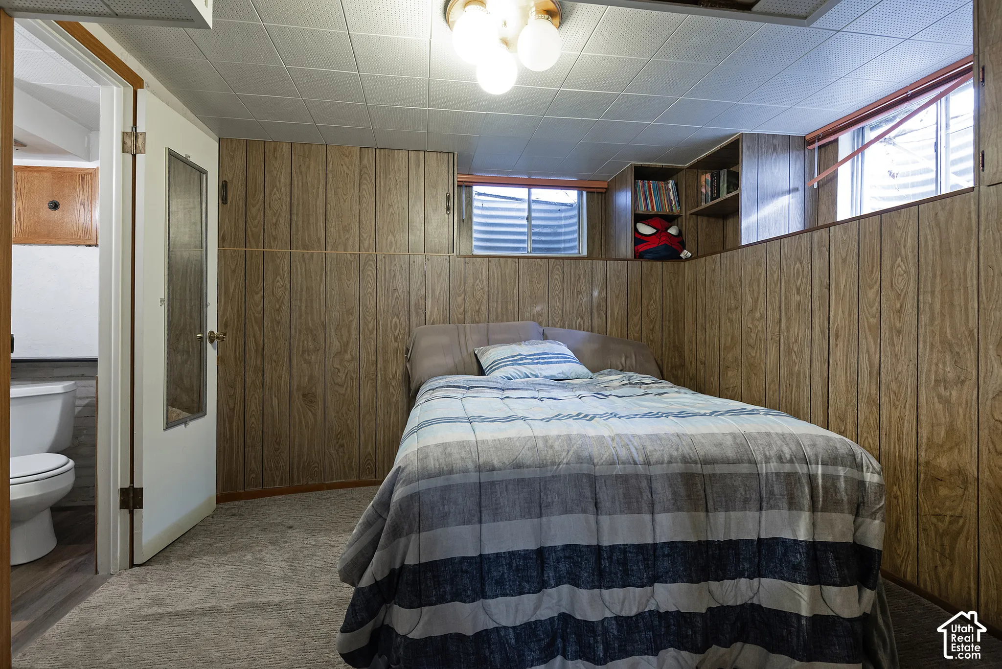 Wood-paneled walls, built-in shelving, multi-pane window with egress well, and drop-ceiling tile finish