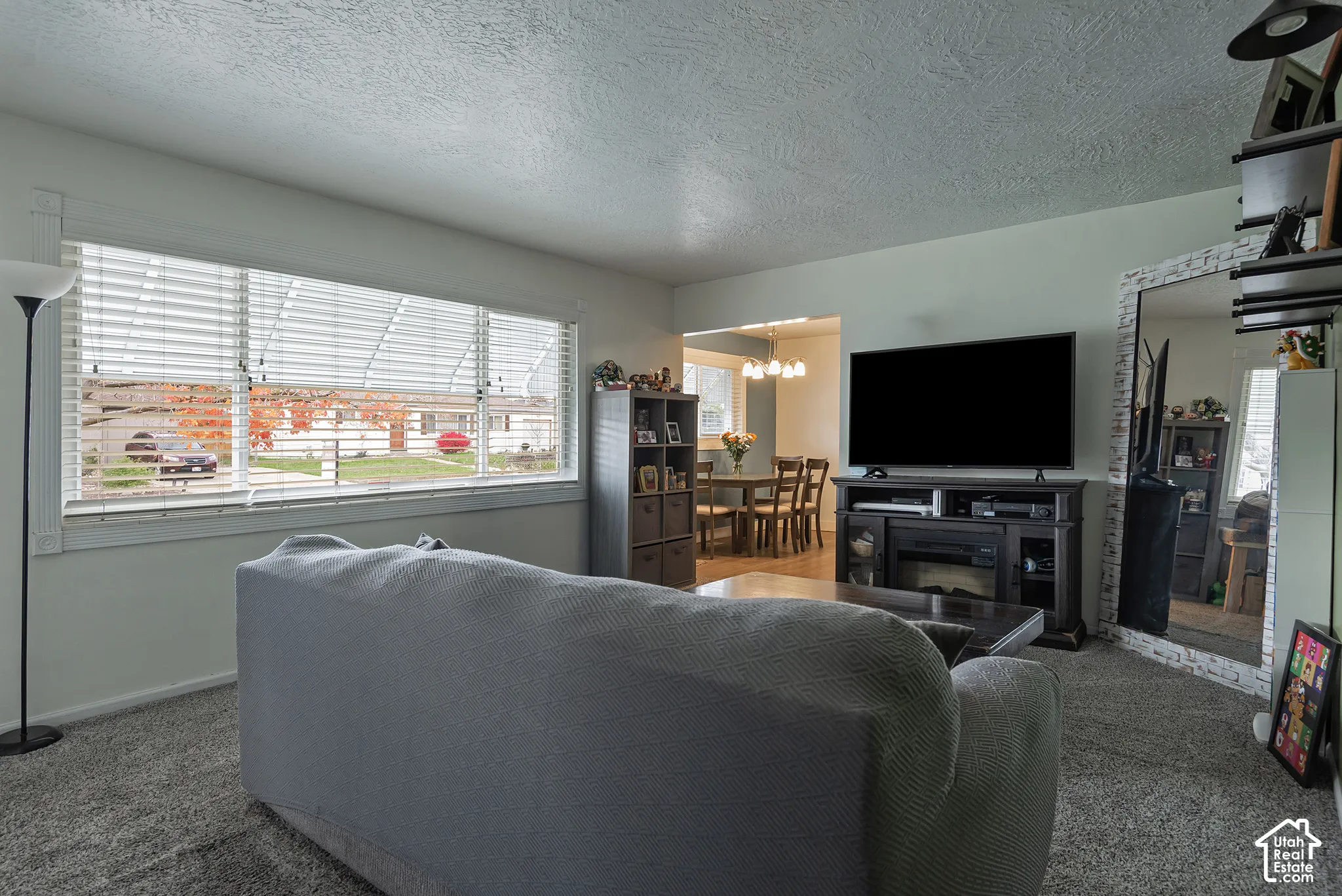 Living area featuring large windows with horizontal blinds, neutral wall tones, carpeted flooring, and a decorative mirror with a textured frame