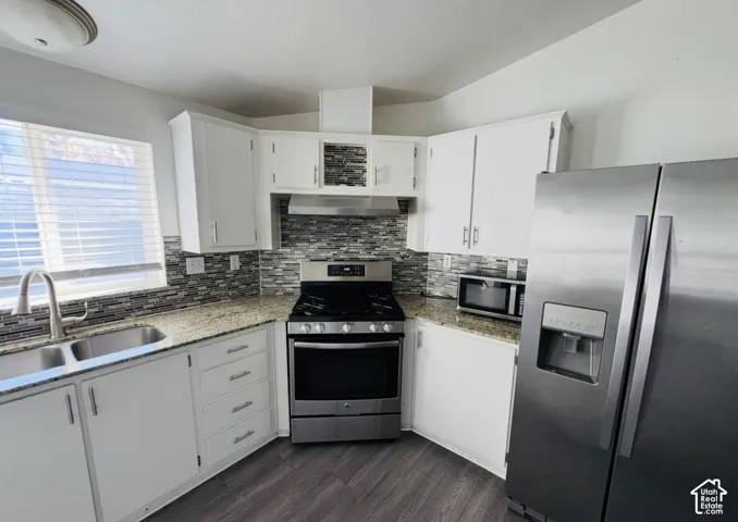Kitchen featuring white cabinetry, stone-surface countertops, a multicolored mosaic tile backsplash, stainless steel appliances, and wood-finish flooring