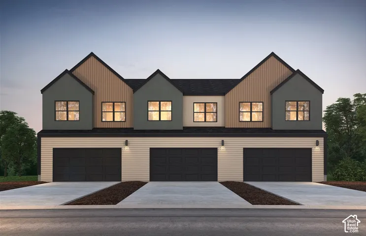Contemporary multi-unit exterior featuring composite siding, vertical paneling, three two-car garages, and concrete driveways