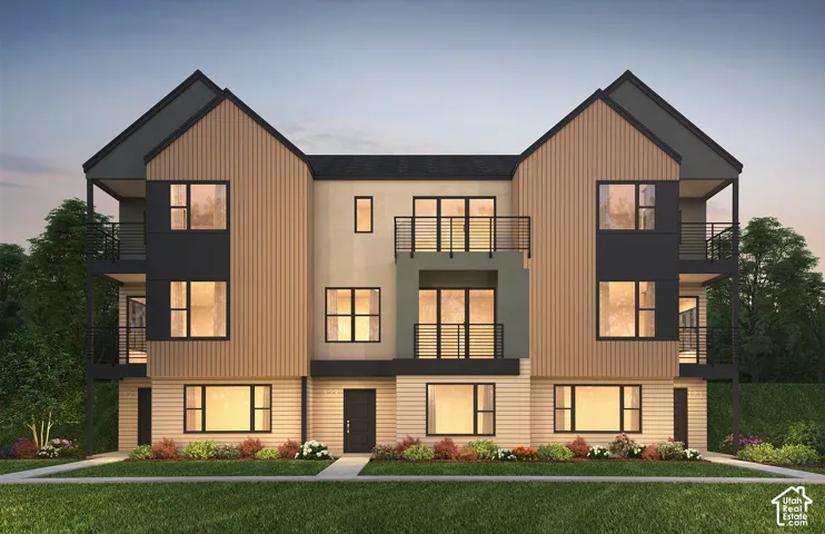 Multi-level exterior featuring vertical wood-toned siding, horizontal lap siding, matte black trim, and multiple metal-railed balconies