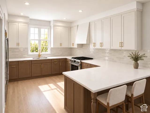 Kitchen featuring two-tone cabinetry, quartz countertops, a custom hood, tile backsplash, and wood-like LVP flooring