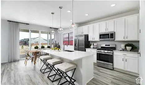 Kitchen featuring white shaker-style cabinetry, a quartz-topped island with a stainless steel sink, stainless steel appliances, recessed lighting, and wood-finish flooring