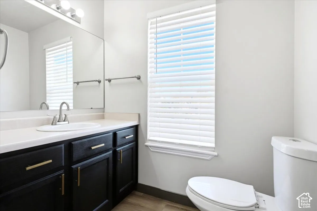 Bathroom featuring a dark-toned vanity with gold-finish hardware, white solid-surface countertop with an integrated basin, large wall-mounted mirror, and wood-finish flooring